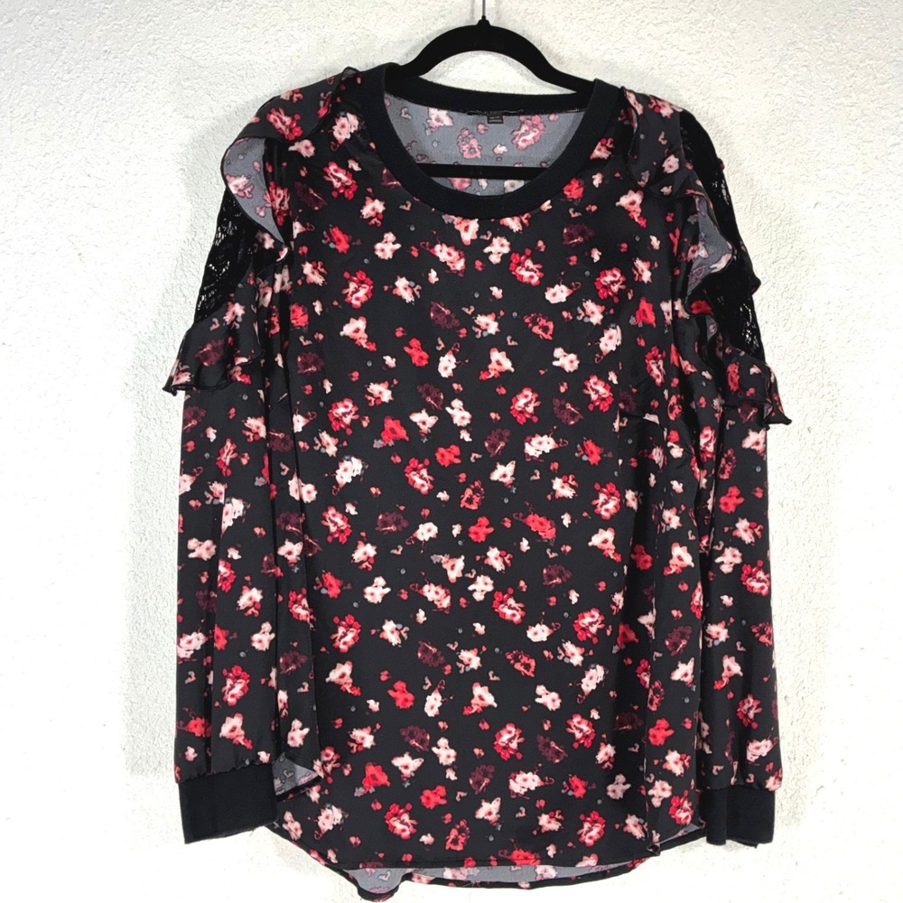 Lane Bryant Floral Ruffle Lace Long Sleeve Top Black Red Pink Plus Size 14/16